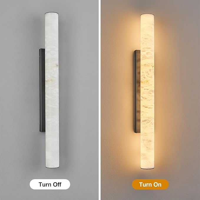 LMQNINE Natural Alabaster Wall Sconces Spanish Marble Wall Light Cylinder Modern Black LED Sconce for Living Room Bedroom Bathroom Stairs（L-1Pack）