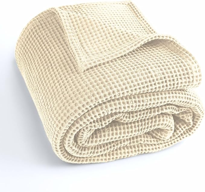 100% Cotton Waffle Blankets for Bed - King (104" x 90") Lightweight, Breathable and Soft, Waffle Weave Blanket for All-Season - Summer, Spring, Winter (Beige)