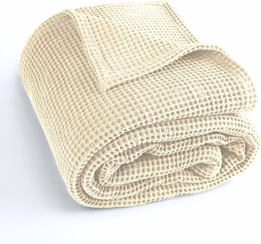 100% Cotton Waffle Blankets for Bed - King (104" x 90") Lightweight, Breathable and Soft, Waffle Weave Blanket for All-Season - Summer, Spring, Winter (Beige)