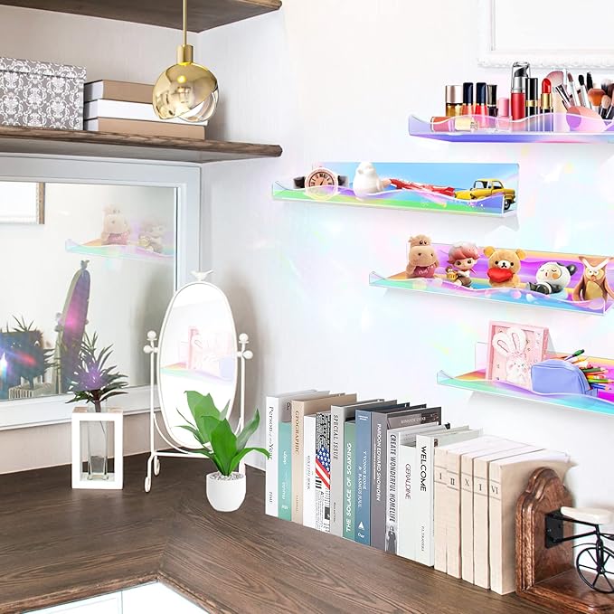 DILIBRA 4 Packs Iridescent Acrylic Floating Shelves, 15.7 Inch Clear Acrylic Display Shelf Wall Mounted, Invisible Set up for Funko Pop Display Shelves Wall Ledge Bookshelf for Kids Room Bathroom Dorm