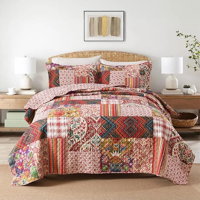 Cotton Bedspread Quilt Sets Reversible Bedding Coverlet Sets 3 Pieces Gorgeous Vintage Damask Red Patchwork Bedspread, King Size