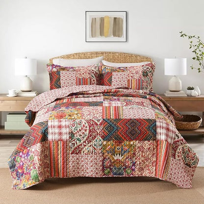 Cotton Bedspread Quilt Sets Reversible Bedding Coverlet Sets 3 Pieces Gorgeous Vintage Damask Red Patchwork Bedspread, King Size