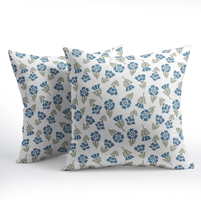 Blue Green Block Print Pillow Covers 22x22 Set of 2 Floral Spring Summer Flower Pattern Decorative Neutral Outdoor Throw Pillowcases Boho Cushion Cover Rustic Decoration Farmhouse Sofa Couch Bed Decor