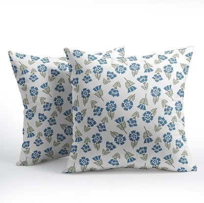 Blue Green Block Print Pillow Covers 16x16 Set of 2 Floral Spring Summer Flower Pattern Decorative Neutral Outdoor Throw Pillowcases Boho Cushion Cover Rustic Decoration Farmhouse Sofa Couch Bed Decor