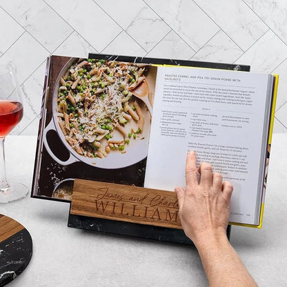 Personalized Cookbook Stand – Custom Engraved Acacia Wood & Black Marble Recipe Book Holder with Weighted Base – Rustic Design, Tablet & Cookbook Stand for Kitchen Counter, 12 × 11 × 7.5 