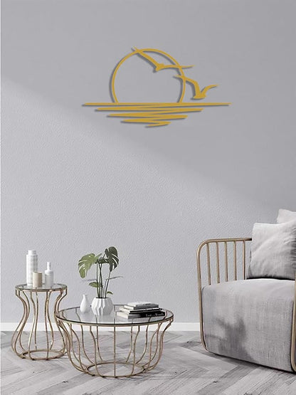 Sun Metal Wall Art Abstract Sunset with Seagulls Metal Wall Decor Minimalist Sunrise Line Art for Living Room Kitchen Bathroom Indoor Outdoor (Gold)