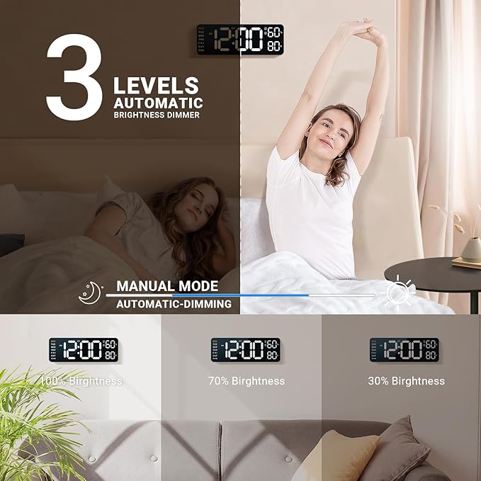 10" Digital Wall Clock: Dual Alarm Wall Mount Decor Clock for Living Room Classroom Office Desk, House Warming Gifts New Home Decor, Christmas Gift for Mom Dad Seniors Teen White