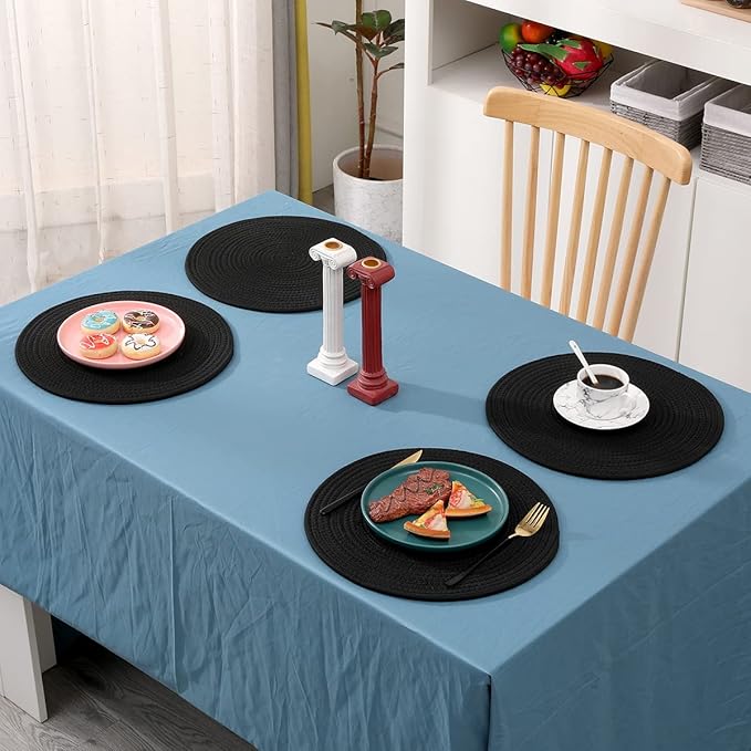 6pcs Round Woven Placemats, 13.8 inches Black Place Mats Cotton Pot Holders Wicker Tablemats Boho Braided Heat Resistant Mats, Woven Plate Chargers for Party Table Decoration