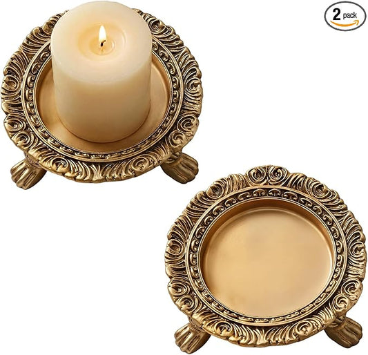 2 Pack Brass Color Candle Holder Pedestal Dish Stand Gold Vintage Tray Clawfoot Plate Decor for Jewelry Wax Ring Trinket