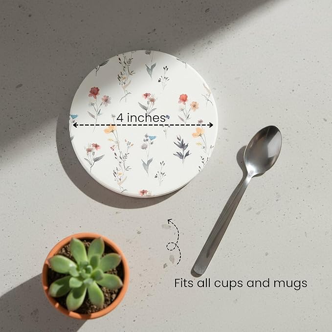 Ceramic Absorbent Coasters Set of 6 with Holder, Marble Drink Coasters for Coffee Table, Water Absorbing Coaster (Floral)