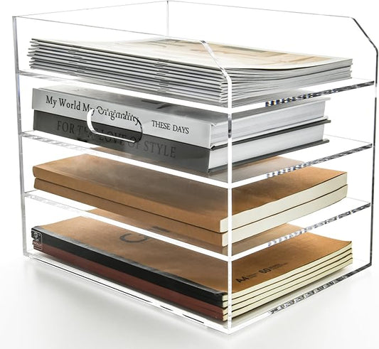 4 Tier Paper Organizer Letter Tray - Acrylic Tray Organizer for Desk, Paper Sorter Organizer for Letter/A4 Office File Folder Holder - Crystal-Clear File Organizer