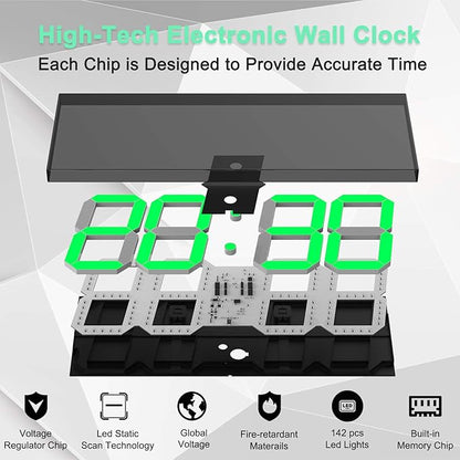 LED Large Digital Wall Clock, Oversize Wall Clock with 6” Numbers, Remote Control Count up/Countdown Timer Clock, Auto Dimmer, Big Calendar and Thermometer(Green)