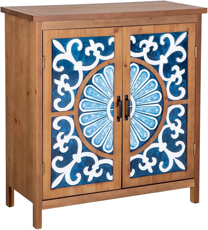 MAISON ARTS Accent Cabinet with 2 Doors, Farmhouse Decorative Storage Cabinets with Solid Wood Frame & Legs Small Sideboard Buffet Cabinet for Living Room Entryway, Blue & White