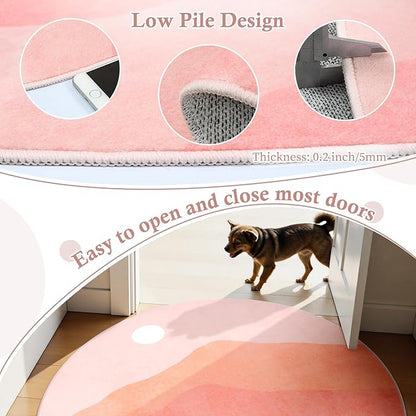 Pink Round Rugs, 4Ft Soft Nursery Rug Non Slip Washable Circle Rug, Modern Mountain Playroom Mat Sunrise Sunset Round Carpet for Kids Room Entryway Bedroom Living Room Dorm