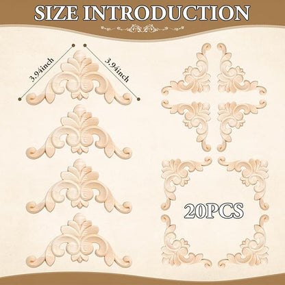 20 Pcs Wood Applique Corner Onlay Decorative Wood Applique DIY Wooden Carved Corner Unpainted Wooden Carved Decals Carving Decal for Furniture Wall Cupboard Bed Cabinet(Classic Style)