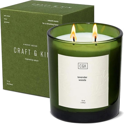 Craft & Kin Lavender Scented Candles | 12oz Premium Lavender Woods Winter Scented Candles for Men and Women | Candles Made with Natural Soy | Nature Collection