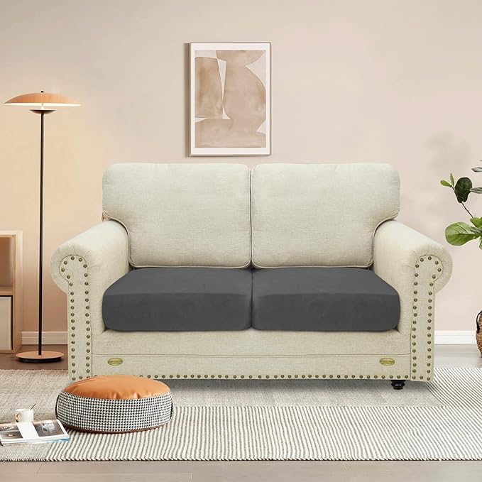 MAXIJIN Velvet Stretch Cushion Covers Couch Cushion Slipcovers Loveseat Sofa Cushion Covers for Individual Cushions with Elastic Bottom (2 Piece Loveseat Cushion Covers, Gray)