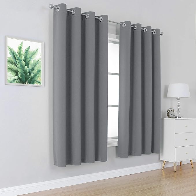 DUALIFE Grey Blackout Curtains for Bedroom 63 inches Long 2 Panels Grommet Window Treatment Thermal Insulated Room Darkening Window Panels Drapes for Living Room 52x63 inch Length