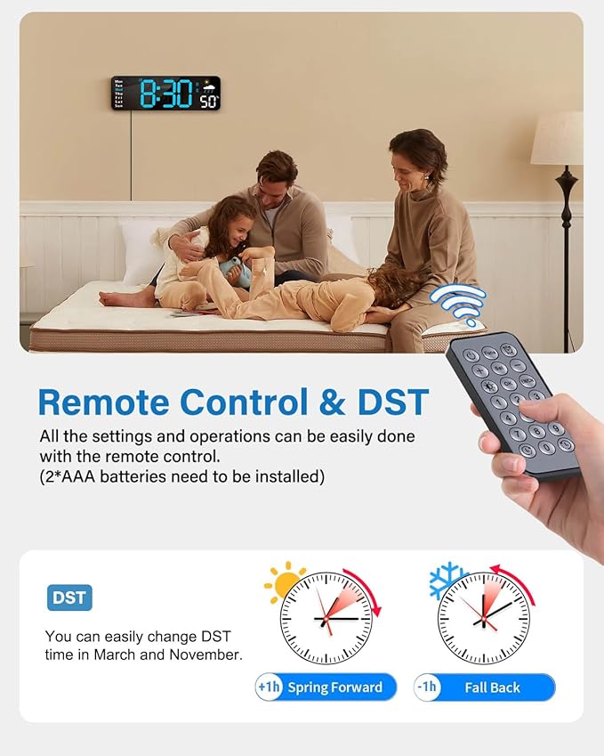 Digital Wall Clock, Digital Clock Large Display with Remote Control, Corded LED Alarm Clocks with Date, Week, Temp, Humidity, Auto DST, Countdown, for Living Room Bedroom Classroom Office (Blue)