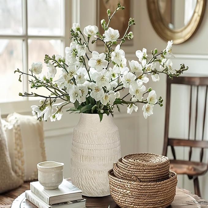 9" Pottery Vase with Sand-Grain Textured, Rustic Ceramic Vase for Mediterranean, Vintage & Farmhouse Style on Desktop Decor, Slender & Beige White