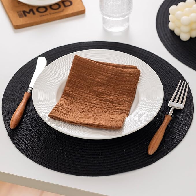 Round Placemats Set of 4 Woven Placemats Washable Braided Table Mats for Dining Table Heat Resistant Non-Slip Circle Place Mats(Black)