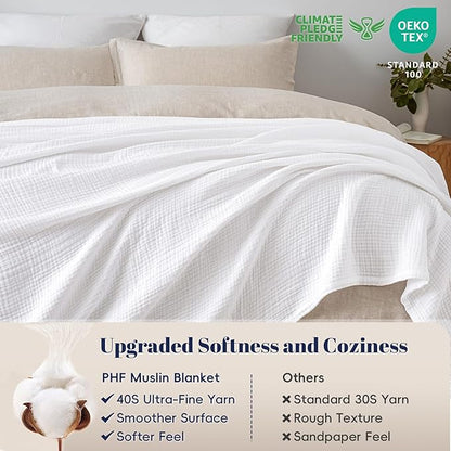 PHF 100% Cotton Muslin Blanket Twin XL Size 66"x90", 4-Layer Lightweight Gauze Throw, Breathable Cloud-Soft Minimalist Blanket for Bed, Couch, Camping & Baby, White, Ideal Gift
