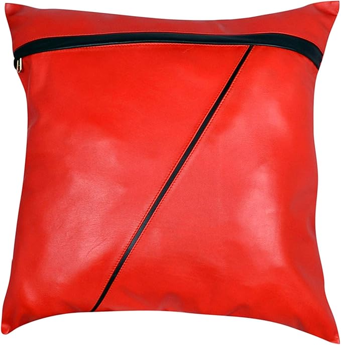 D DOLLY LAMB Lambskin Leather Pillow Cover - Sofa Cushion Case - Decorative Throw Covers for Living Room & Bedroom, 14x14 Inches - 03 Red Pack of 2