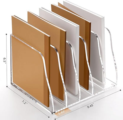 YUXUN Clear Acrylic File Folder Holder - 5 Vertical Compartments Desk Document Sorter, Upright Magazine Rack for Office/Home/Classroom, Stores Documents, Tablets, Magazines, Books & Accessories