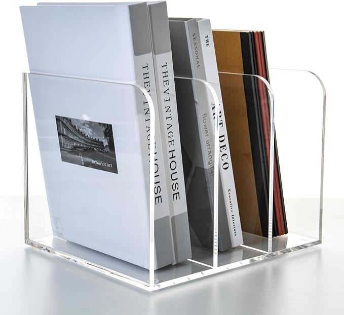 3 Vertical Compartments Clear Acrylic Magazine & File Holder – Multipurpose Desk Organizer for Documents, Tablets, Magazines, Books – Office/Home/Classroom Rack
