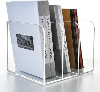 3 Vertical Compartments Clear Acrylic Magazine & File Holder – Multipurpose Desk Organizer for Documents, Tablets, Magazines, Books – Office/Home/Classroom Rack