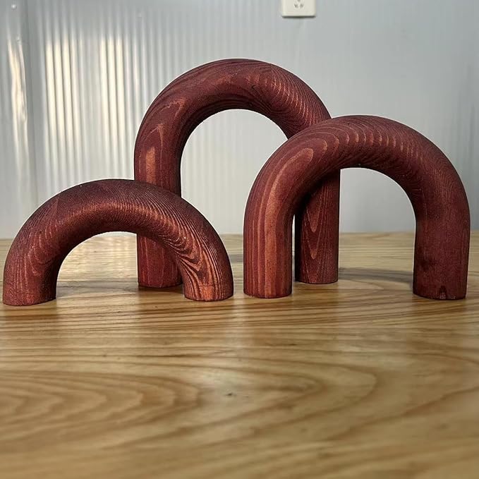 3Pcs Wood Arch Decor Accents - Home Book Table Decorative Rustic Arch Decor Modern Boho Minimalist Coffee Table Bookshelf Living Room Entryway Aesthetic Decorations Objects (Wine Red)