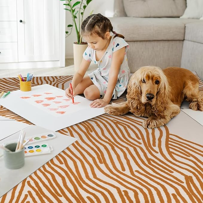 YIHOUSE Orange Rug for Living Room, 5×7 Modern Abstract Area Rug, Geometric Contemporary Wave Striped Rugs for Playroom Nursery, Washable Nonslip Large Rug for Bedroom Dining Room