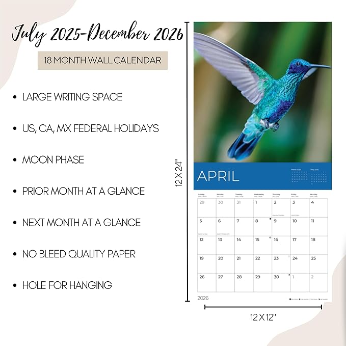 Hummingbirds Wall Calendar 2026 | 12" x 24" Open | Giftable Nature Calendar 2026 | Thick & Sturdy Paper for Organizing & Planning | Pacific Waters Press (Hummingbirds)