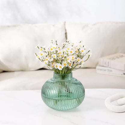 Green Glass Vase for Tulips, Ribbed Glass Vase for Flowers, Round Flower Vases, Small Short Vases for Living Room, Office, Coffee Table, Shelf, Wedding, 6 Inches