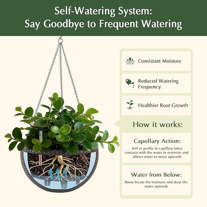 13.5 inch 2Pack Large Hanging Planters for Outdoor/Indoor Plants, Self Watering Hanging Pot with Water Level Indicato, Drainage Holes and Chain for Garden Porch, Brown