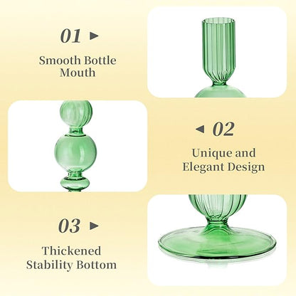 Hewory Glass Candlestick Holders Set: 3PCS Green Candle Holder Taper Candle Holders Bulk, Crystal Ribbed Candle Sticks Holder Decor for Table Centerpiece Wedding Christmas Thanksgiving Dinner