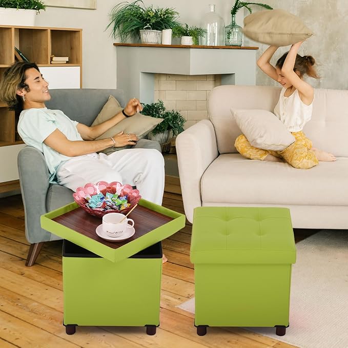 Storage Ottoman, Ottoman with Storage for Living Room Ottoman Square Tray Bedroom Cube Foot Rest Stool with Legs Small Ottomans Coffee Table Lid Foldable Footstool Faxu Leather 15" in (Green)