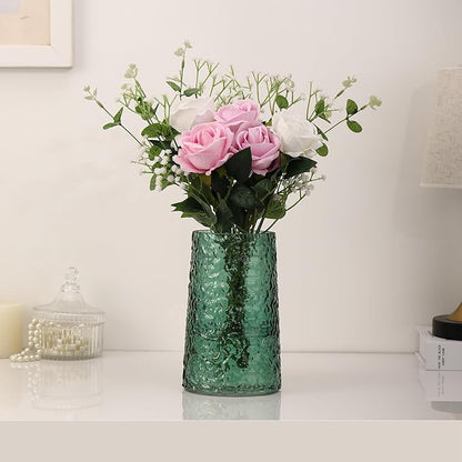 Green Glass Vase, Flower Vases for Bouquet, Modern Glass Vase for Flowers, Large Vases for Living Room, Bedroom, Kitchen, Office, Wedding, Dining Table, 8 Inches