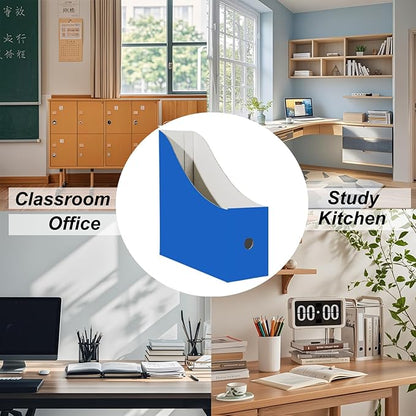 Limitliho 24 Pack Cardboard Magazine File Holder for Desktop ，Blue Book Bins for Classroom Library, Office or Home, Vertical Paper Boxes for Storage with Label(10.6" H x 10.2" L x 3.5" W in)
