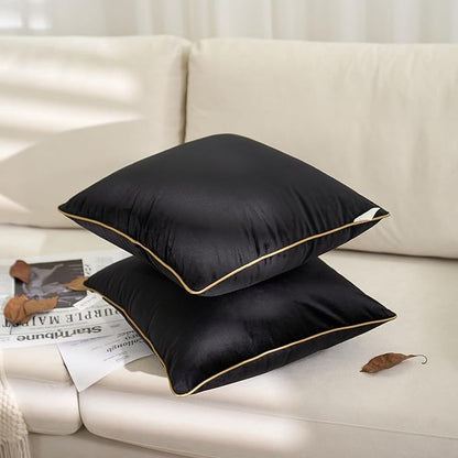 Aeckself Pack of 2 Pure Black Velvet Pillow Covers 18 x 18 Inch, Modern Luxury Decorative Pillowcase with Gold Trim Edge, Comfortable Soft Solid Cushion Case for Couch Bedroom Living Room