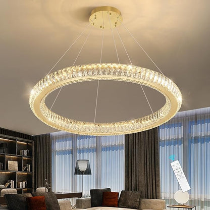 Modern Ring Chandelier LED Dimmable Living Room Chanderliers Entryway High Ceiling Crystal Ring Pendant Lights for Dining Room Bedroom Gold Interior Light