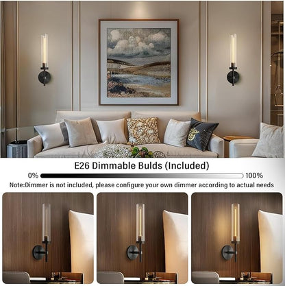 Black Wall Sconces Set of Two, Brass 19.48'' Knurled Texture Wall Light Fixtures, Bathroom Vanity Light Fixtures with Clear Glass, Modern Wall Lamp for Bathroom Living Room Hallway (Bulb Included)
