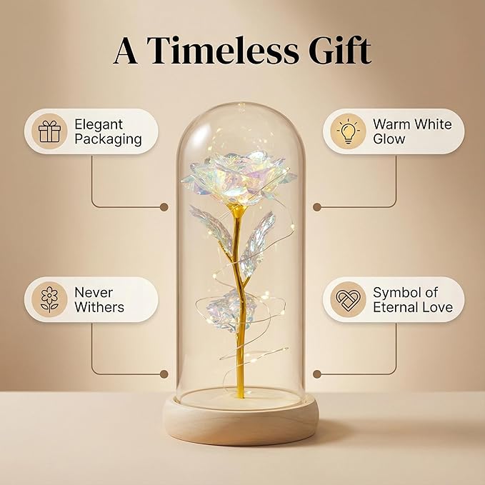 Preserved Fresh Flower in Glass Dome with LED Lights, Gold Stem Rose with Wooden Base, Romantic Home Decor Gift for Valentine's Day (A golden rose as a gift for mom or your lover)