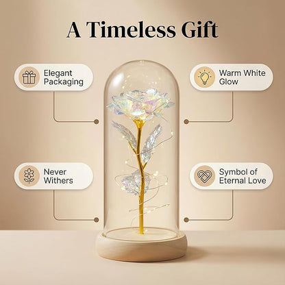 Preserved Fresh Flower in Glass Dome with LED Lights, Gold Stem Rose with Wooden Base, Romantic Home Decor Gift for Valentine's Day (A golden rose as a gift for mom or your lover)