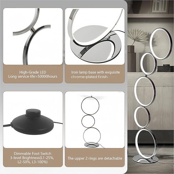 COSYLUX LED Modern Floor Lamp for Bedroom, 3 Way Bright Dimmable Corner Standing lamp with 5-Ring for Living Room & Office Reading Light, 3260LM, 6000K, Chrome.
