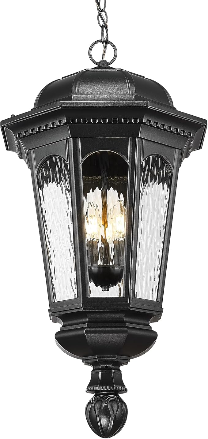 Emliviar 3-Light Outdoor Pendant Light, Classic Adjustable 29.5" Lighting Fixture Ceiling Hanging with Water Ripple Glass Shade in Black Finish, E12, XE304H BK-SW