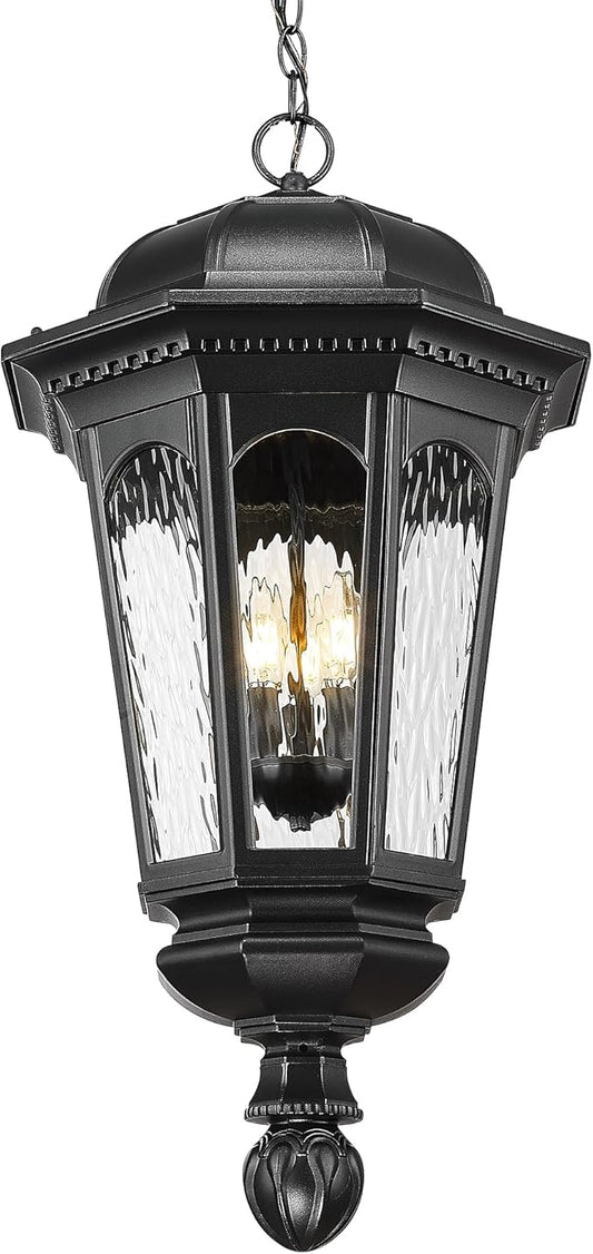 Emliviar 3-Light Outdoor Pendant Light, Classic Adjustable 29.5" Lighting Fixture Ceiling Hanging with Water Ripple Glass Shade in Black Finish, E12, XE304H BK-SW