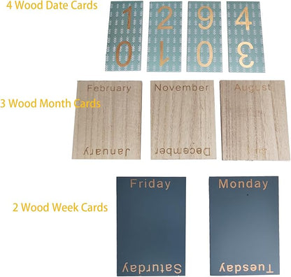Wooden Perpetual Calendar for Desk, Metal Wood Month Date Display for Teachers, Students, Classroom, Rustic Farmhouse Office Decor, Desk Accessories (Snowflake printed)