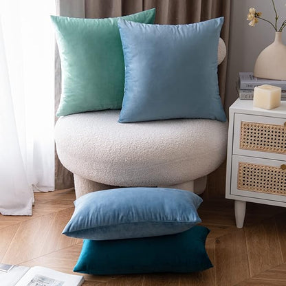 EMEMA Pack of 2 Velvet Throw Pillow Covers Decorative Square Pillowcase Soft Solid Cushion Case for Sofa Bedroom Chair Car 24x24 Inch Light Blue