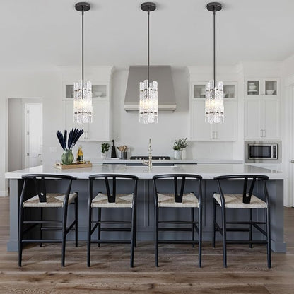 Modern Crystal Pendant Light for Kitchen Island, Pearl Black Luxury Mini Water Ripple Glass Chandelier Lights Fixture, Square Adjustable Hanging Pendant Lighting for Dining Room Bedroom (3-Pack)